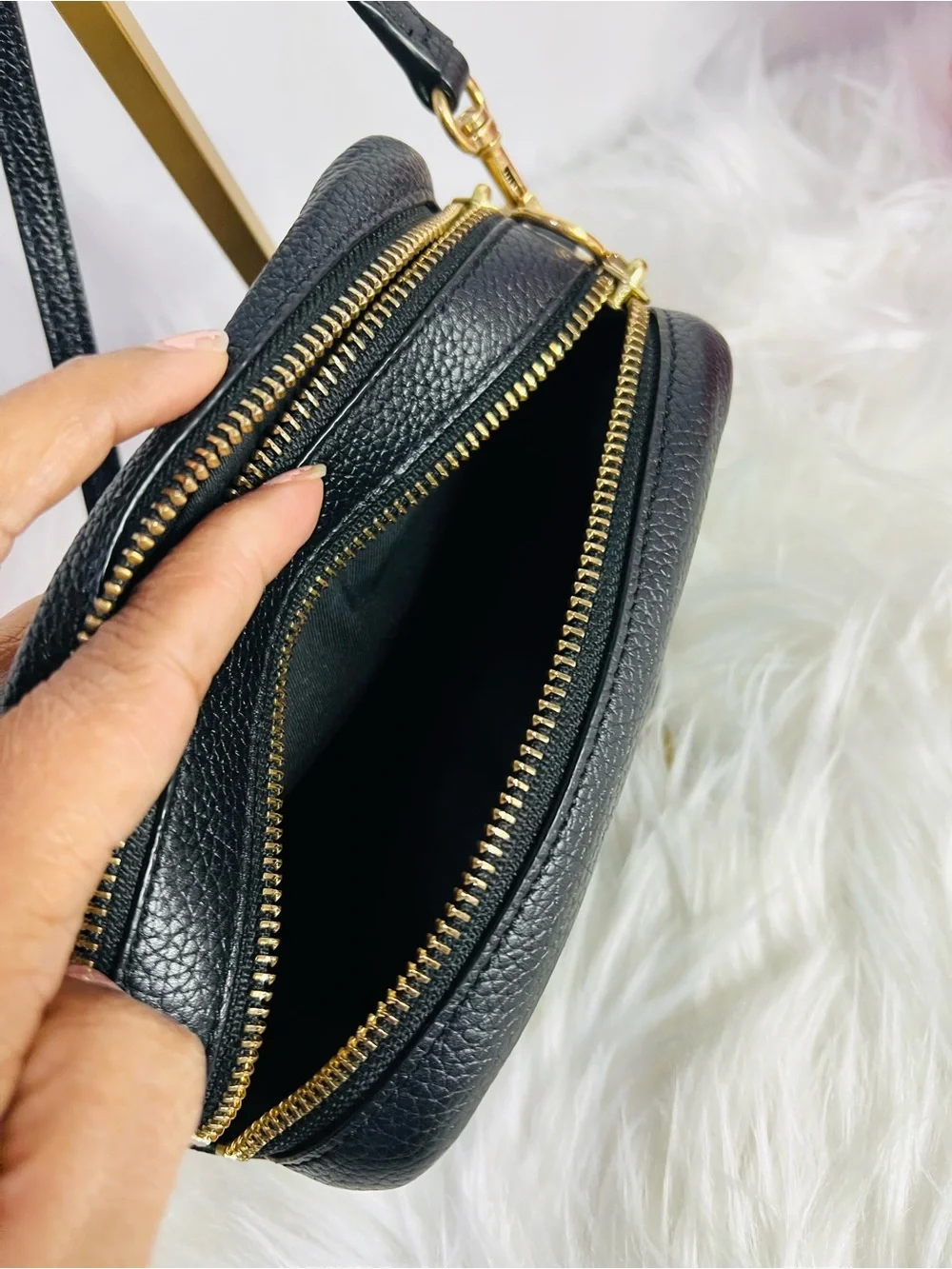 Tory Burch Black Pebbled Leather Perry Bombe Mini Crossbody with Gold Hardware